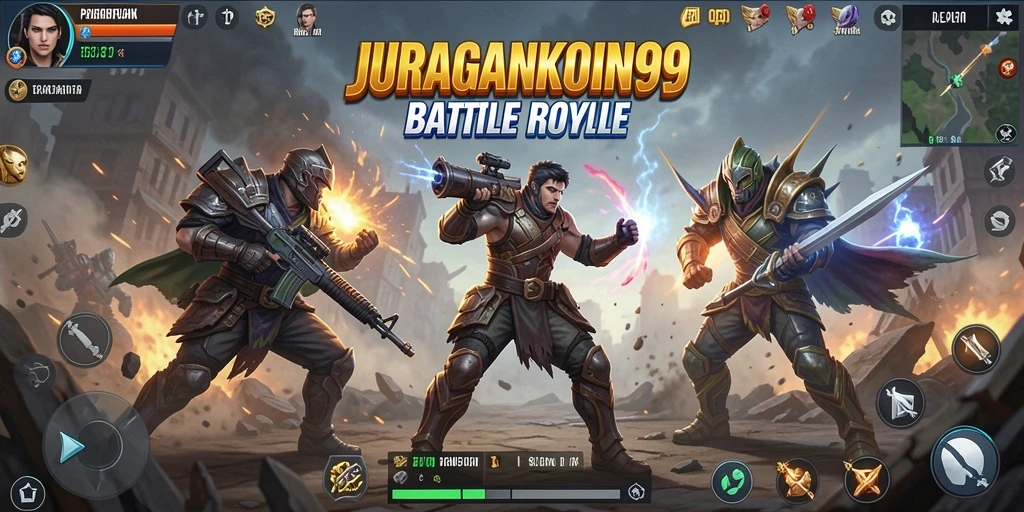 Tampilan aksi pertempuran seru dalam JURAGANKOIN99 di arena Battle Royale.