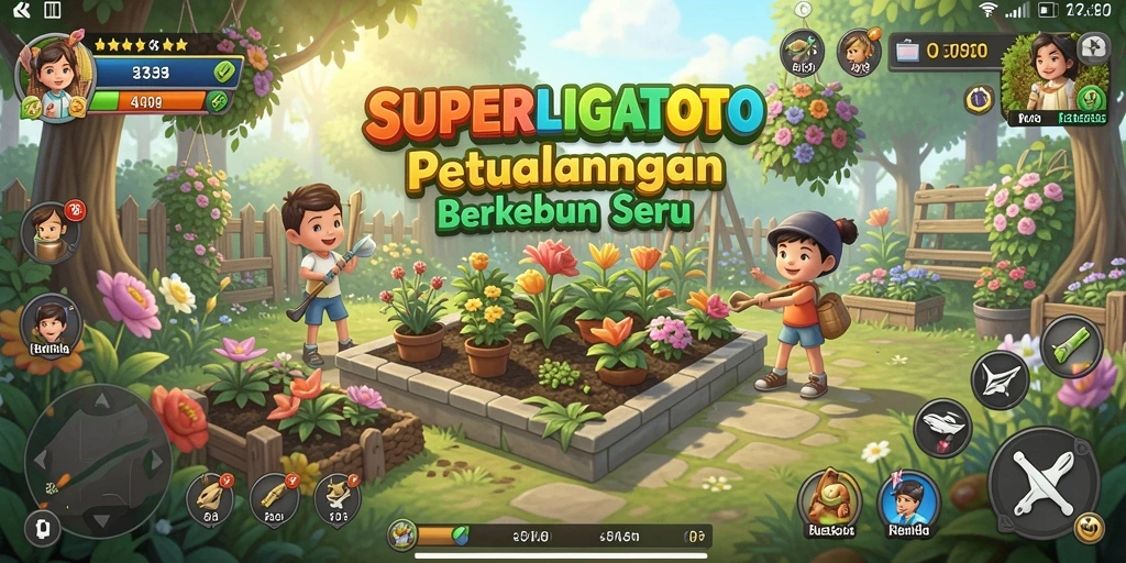 Screenshot gameplay SUPERLIGATOTO menampilkan aktivitas berkebun yang seru.