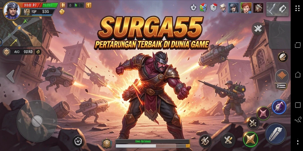 Screenshot utama SURGA55 menampilkan aksi pertarungan yang intens.